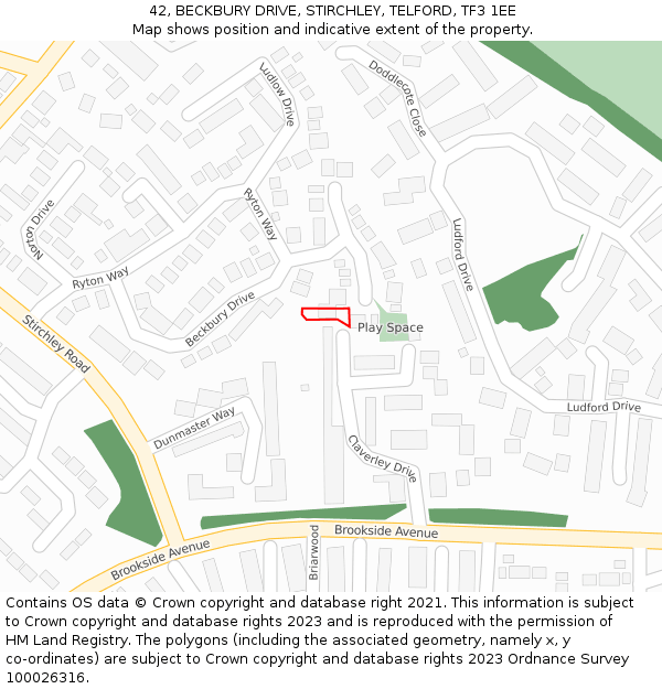 42, BECKBURY DRIVE, STIRCHLEY, TELFORD, TF3 1EE: Location map and indicative extent of plot