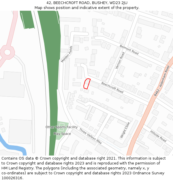 42, BEECHCROFT ROAD, BUSHEY, WD23 2JU: Location map and indicative extent of plot