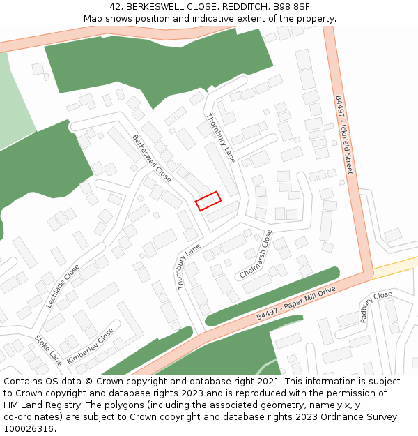 42, BERKESWELL CLOSE, REDDITCH, B98 8SF: Location map and indicative extent of plot