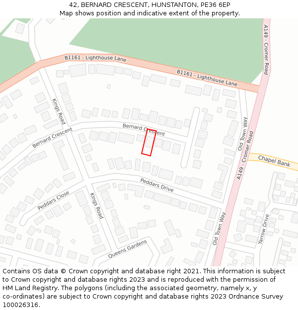 42, BERNARD CRESCENT, HUNSTANTON, PE36 6EP: Location map and indicative extent of plot