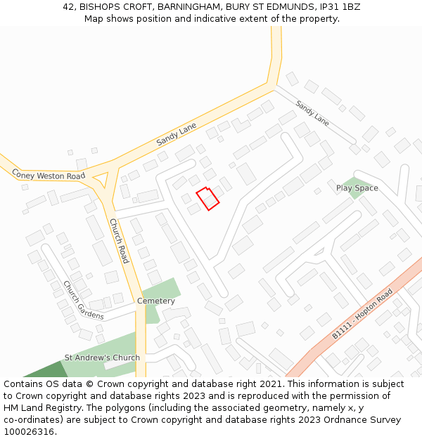 42, BISHOPS CROFT, BARNINGHAM, BURY ST EDMUNDS, IP31 1BZ: Location map and indicative extent of plot
