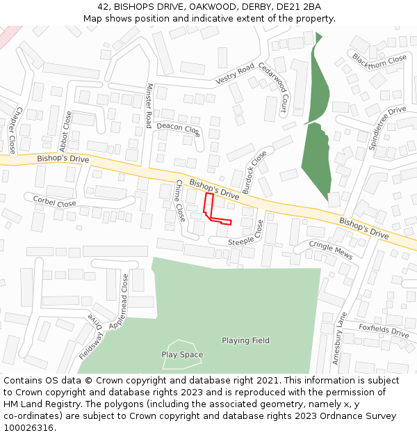42, BISHOPS DRIVE, OAKWOOD, DERBY, DE21 2BA: Location map and indicative extent of plot