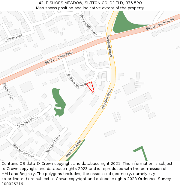 42, BISHOPS MEADOW, SUTTON COLDFIELD, B75 5PQ: Location map and indicative extent of plot