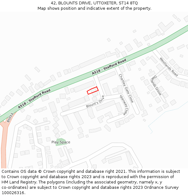 42, BLOUNTS DRIVE, UTTOXETER, ST14 8TQ: Location map and indicative extent of plot