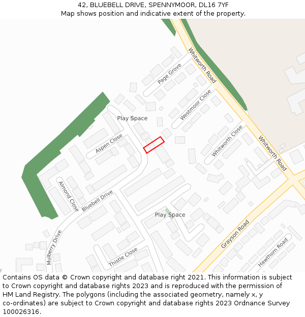 42, BLUEBELL DRIVE, SPENNYMOOR, DL16 7YF: Location map and indicative extent of plot