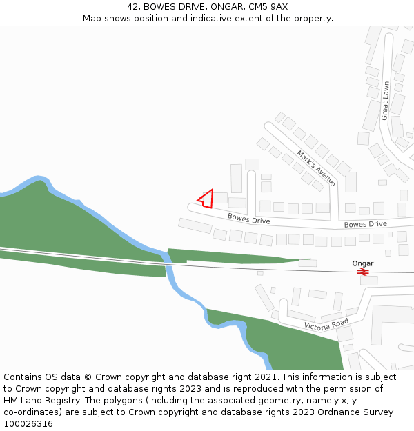42, BOWES DRIVE, ONGAR, CM5 9AX: Location map and indicative extent of plot