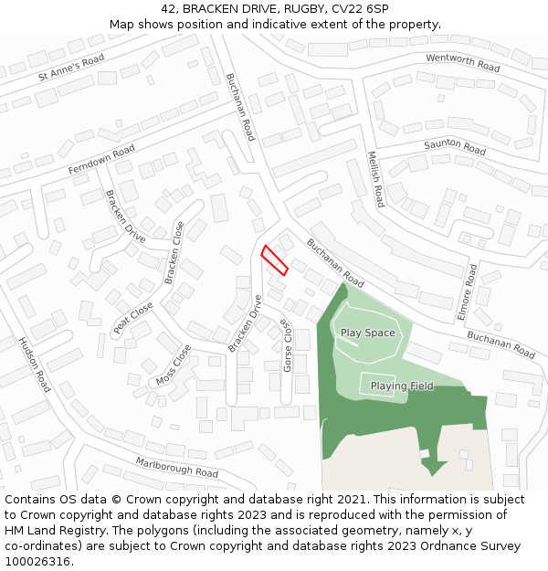 42, BRACKEN DRIVE, RUGBY, CV22 6SP: Location map and indicative extent of plot