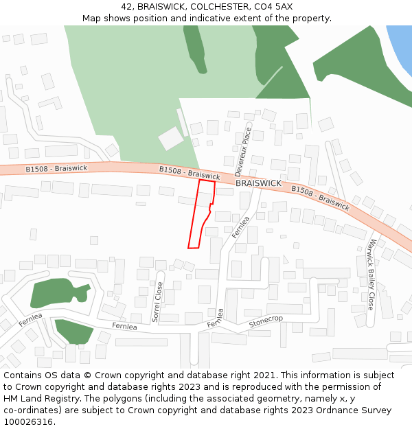 42, BRAISWICK, COLCHESTER, CO4 5AX: Location map and indicative extent of plot
