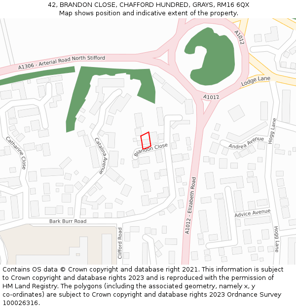 42, BRANDON CLOSE, CHAFFORD HUNDRED, GRAYS, RM16 6QX: Location map and indicative extent of plot