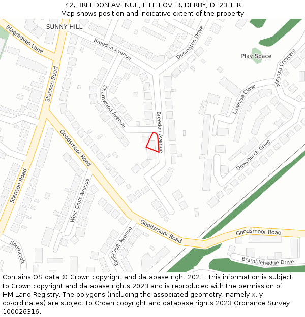 42, BREEDON AVENUE, LITTLEOVER, DERBY, DE23 1LR: Location map and indicative extent of plot