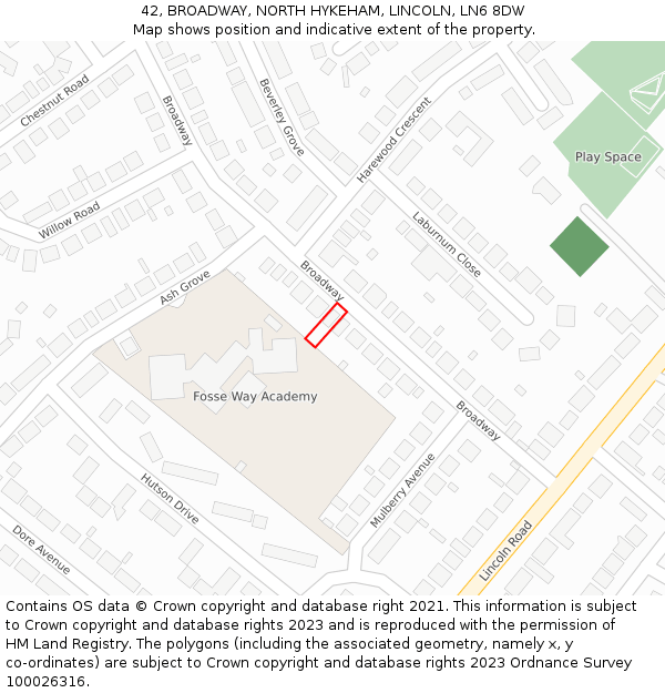 42, BROADWAY, NORTH HYKEHAM, LINCOLN, LN6 8DW: Location map and indicative extent of plot