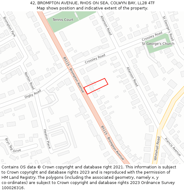 42, BROMPTON AVENUE, RHOS ON SEA, COLWYN BAY, LL28 4TF: Location map and indicative extent of plot