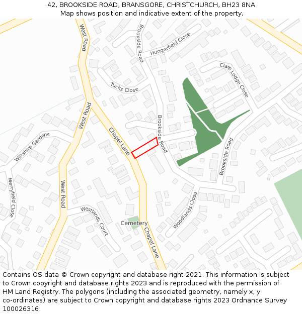 42, BROOKSIDE ROAD, BRANSGORE, CHRISTCHURCH, BH23 8NA: Location map and indicative extent of plot
