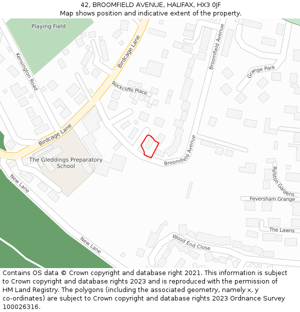 42, BROOMFIELD AVENUE, HALIFAX, HX3 0JF: Location map and indicative extent of plot