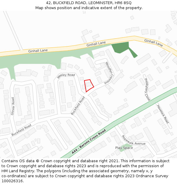 42, BUCKFIELD ROAD, LEOMINSTER, HR6 8SQ: Location map and indicative extent of plot