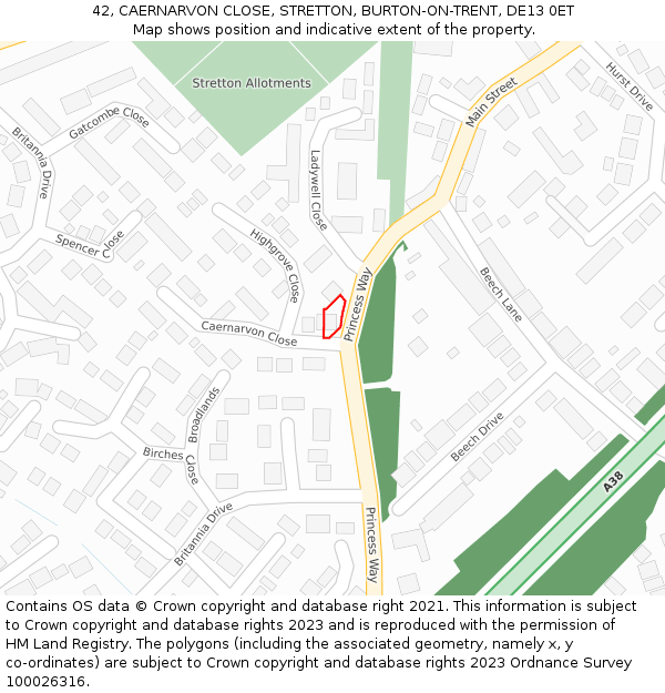 42, CAERNARVON CLOSE, STRETTON, BURTON-ON-TRENT, DE13 0ET: Location map and indicative extent of plot