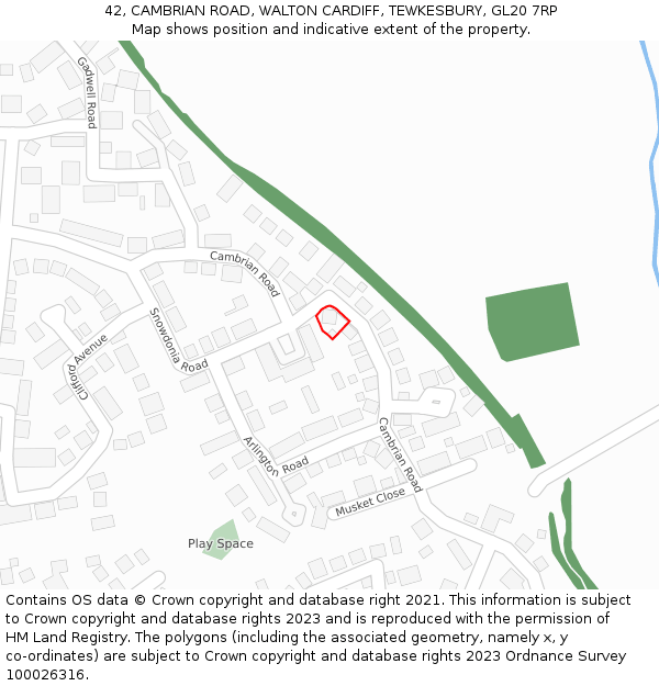 42, CAMBRIAN ROAD, WALTON CARDIFF, TEWKESBURY, GL20 7RP: Location map and indicative extent of plot