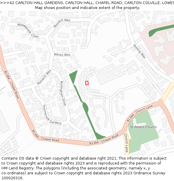 42 CARLTON HALL GARDENS, CARLTON HALL, CHAPEL ROAD, CARLTON COLVILLE, LOWESTOFT, NR33 8BL: Location map and indicative extent of plot
