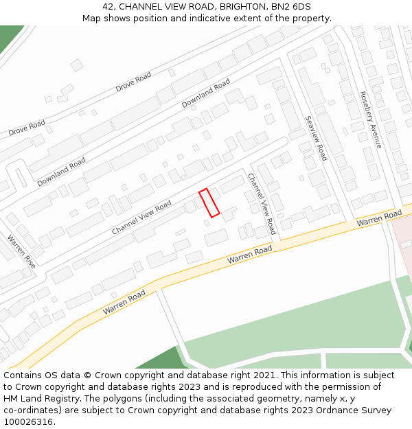 42, CHANNEL VIEW ROAD, BRIGHTON, BN2 6DS: Location map and indicative extent of plot