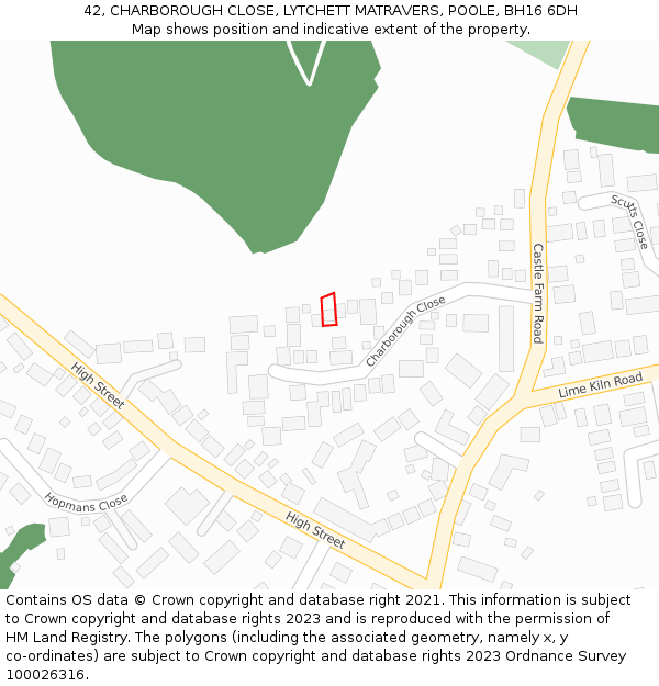 42, CHARBOROUGH CLOSE, LYTCHETT MATRAVERS, POOLE, BH16 6DH: Location map and indicative extent of plot