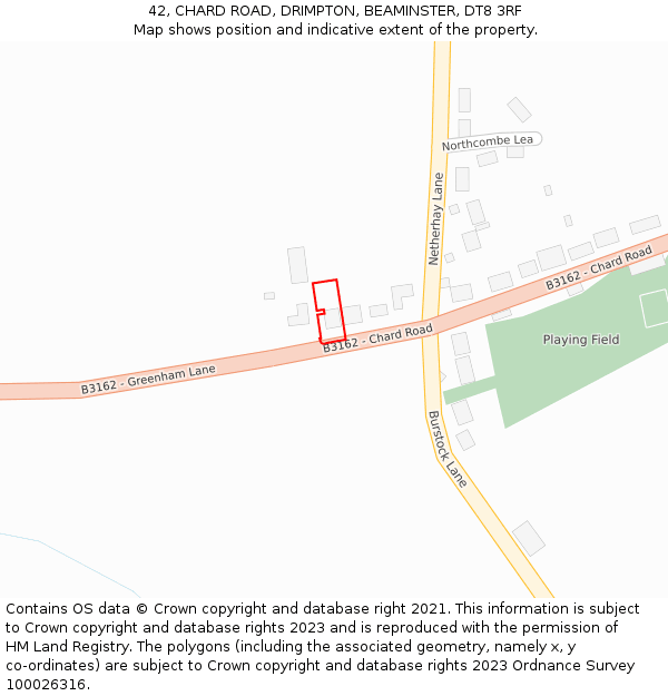 42, CHARD ROAD, DRIMPTON, BEAMINSTER, DT8 3RF: Location map and indicative extent of plot