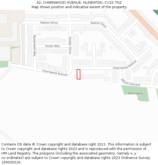 42, CHARNWOOD AVENUE, NUNEATON, CV10 7NZ: Location map and indicative extent of plot