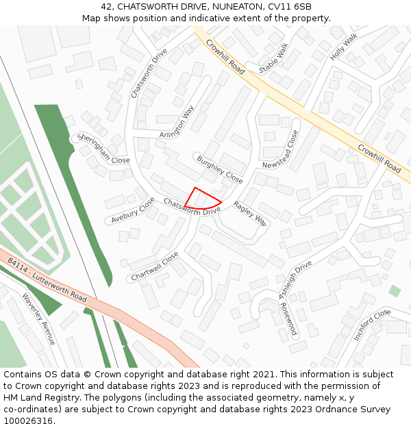 42, CHATSWORTH DRIVE, NUNEATON, CV11 6SB: Location map and indicative extent of plot