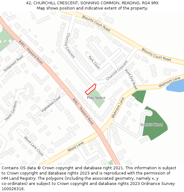 42, CHURCHILL CRESCENT, SONNING COMMON, READING, RG4 9RX: Location map and indicative extent of plot