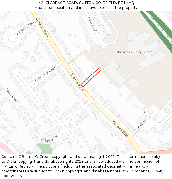 42, CLARENCE ROAD, SUTTON COLDFIELD, B74 4AQ: Location map and indicative extent of plot