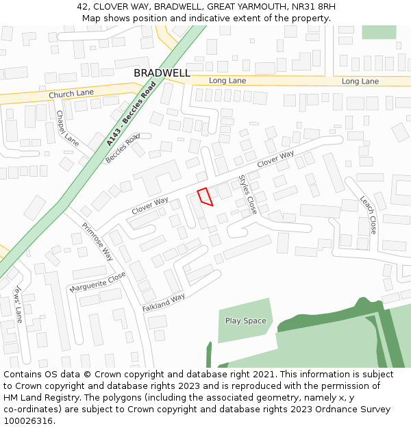 42, CLOVER WAY, BRADWELL, GREAT YARMOUTH, NR31 8RH: Location map and indicative extent of plot