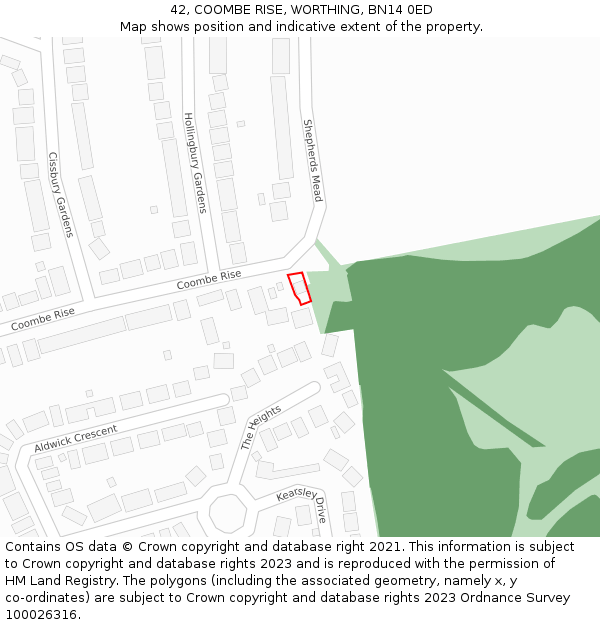 42, COOMBE RISE, WORTHING, BN14 0ED: Location map and indicative extent of plot