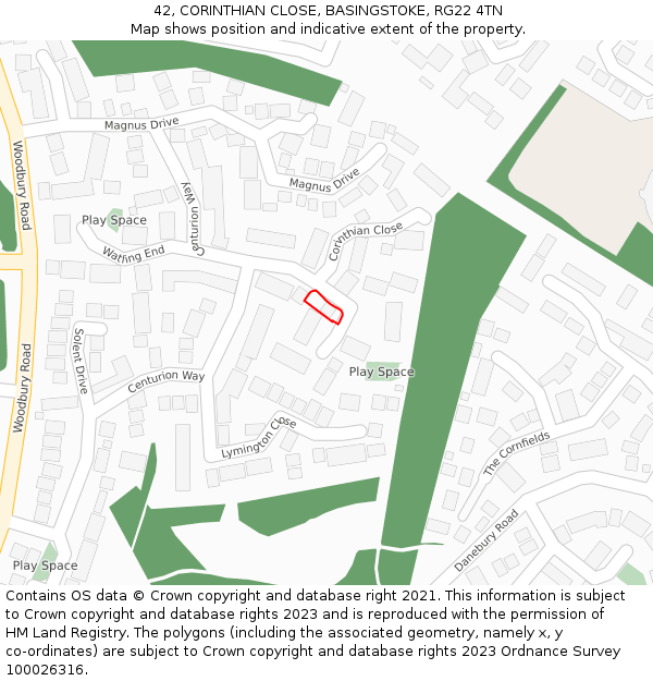 42, CORINTHIAN CLOSE, BASINGSTOKE, RG22 4TN: Location map and indicative extent of plot