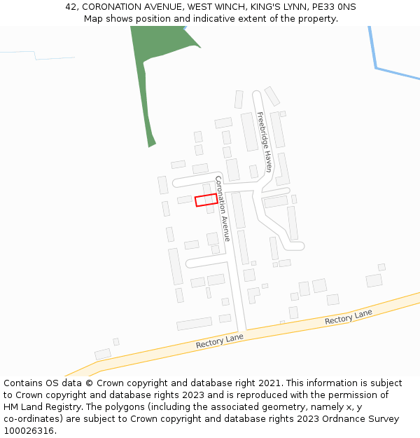 42, CORONATION AVENUE, WEST WINCH, KING'S LYNN, PE33 0NS: Location map and indicative extent of plot