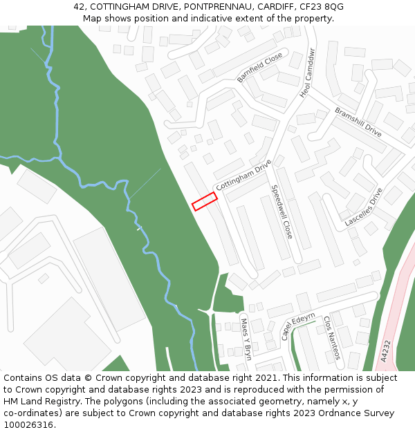 42, COTTINGHAM DRIVE, PONTPRENNAU, CARDIFF, CF23 8QG: Location map and indicative extent of plot