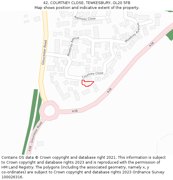 42, COURTNEY CLOSE, TEWKESBURY, GL20 5FB: Location map and indicative extent of plot