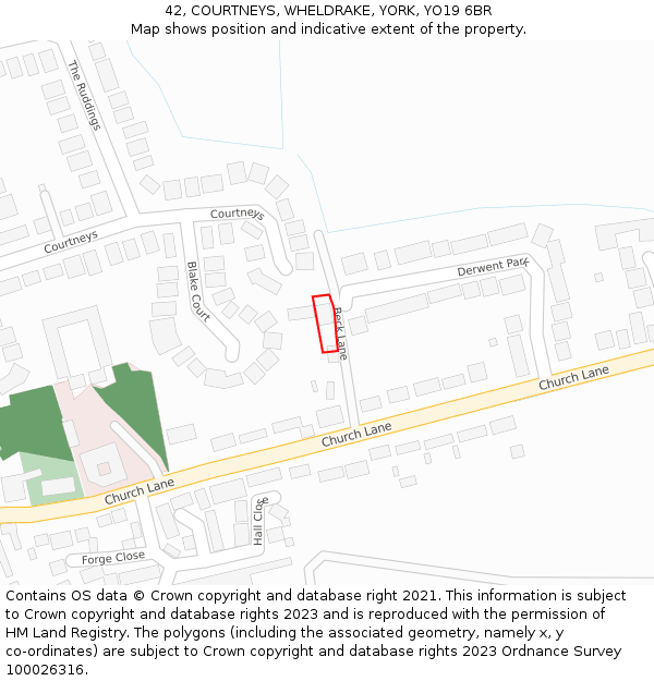 42, COURTNEYS, WHELDRAKE, YORK, YO19 6BR: Location map and indicative extent of plot