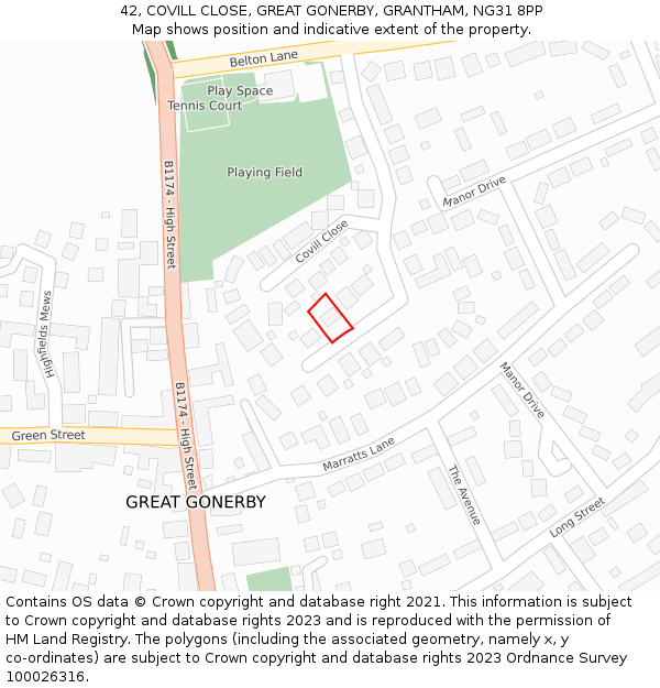 42, COVILL CLOSE, GREAT GONERBY, GRANTHAM, NG31 8PP: Location map and indicative extent of plot