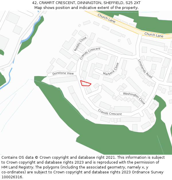 42, CRAMFIT CRESCENT, DINNINGTON, SHEFFIELD, S25 2XT: Location map and indicative extent of plot