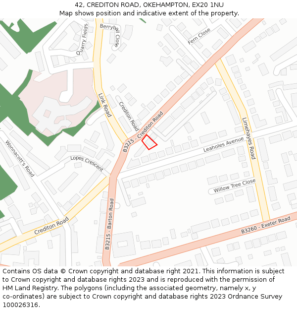 42, CREDITON ROAD, OKEHAMPTON, EX20 1NU: Location map and indicative extent of plot