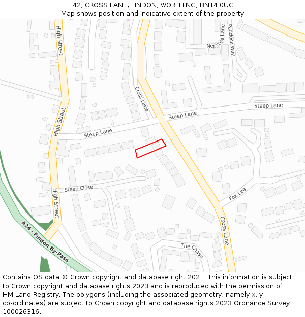 42, CROSS LANE, FINDON, WORTHING, BN14 0UG: Location map and indicative extent of plot
