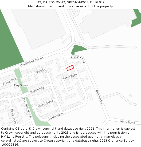 42, DALTON WYND, SPENNYMOOR, DL16 6FP: Location map and indicative extent of plot