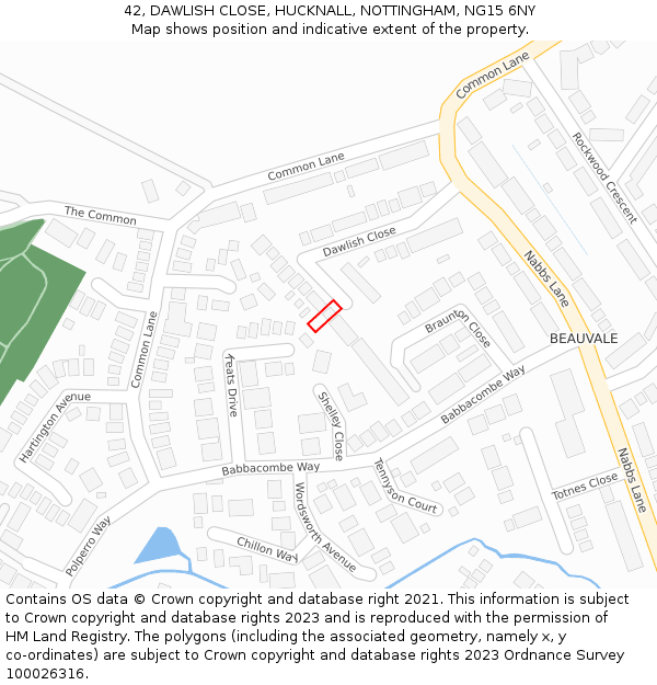42, DAWLISH CLOSE, HUCKNALL, NOTTINGHAM, NG15 6NY: Location map and indicative extent of plot