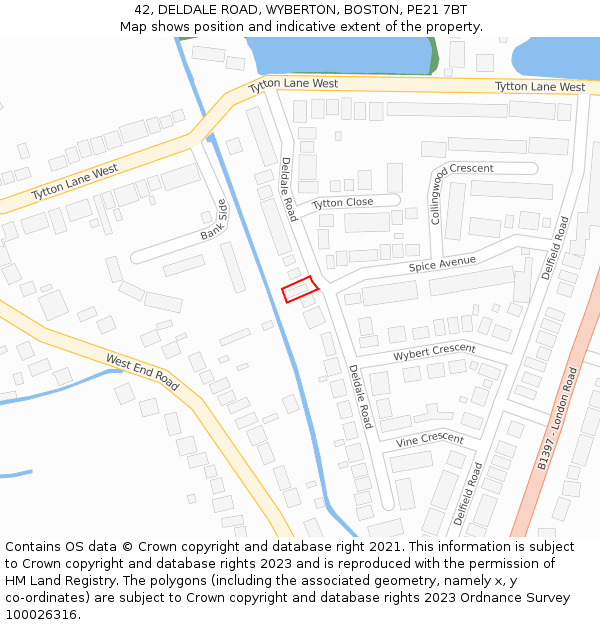 42, DELDALE ROAD, WYBERTON, BOSTON, PE21 7BT: Location map and indicative extent of plot