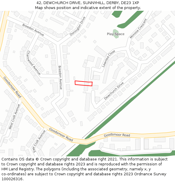 42, DEWCHURCH DRIVE, SUNNYHILL, DERBY, DE23 1XP: Location map and indicative extent of plot