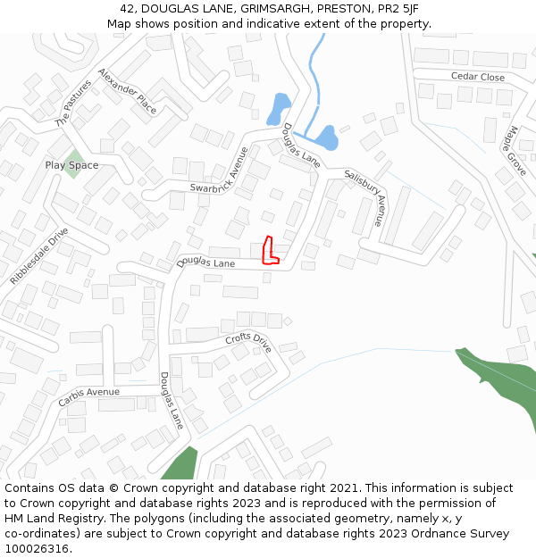 42, DOUGLAS LANE, GRIMSARGH, PRESTON, PR2 5JF: Location map and indicative extent of plot