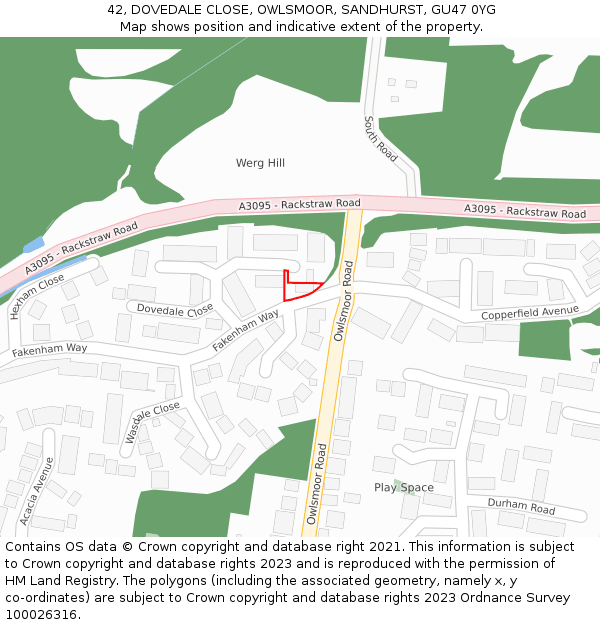 42, DOVEDALE CLOSE, OWLSMOOR, SANDHURST, GU47 0YG: Location map and indicative extent of plot