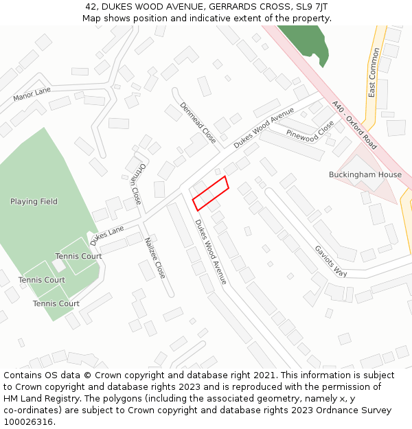 42, DUKES WOOD AVENUE, GERRARDS CROSS, SL9 7JT: Location map and indicative extent of plot