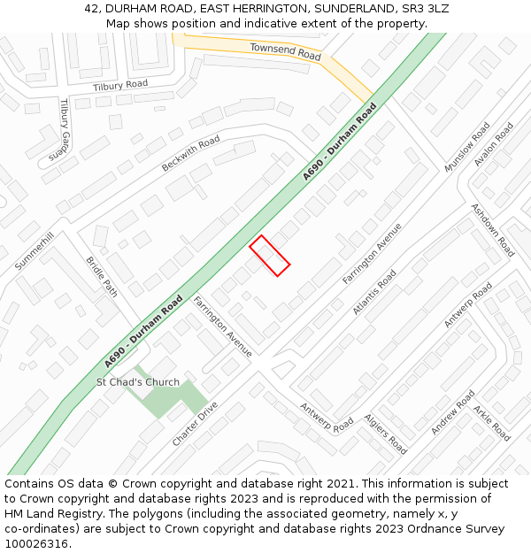 42, DURHAM ROAD, EAST HERRINGTON, SUNDERLAND, SR3 3LZ: Location map and indicative extent of plot