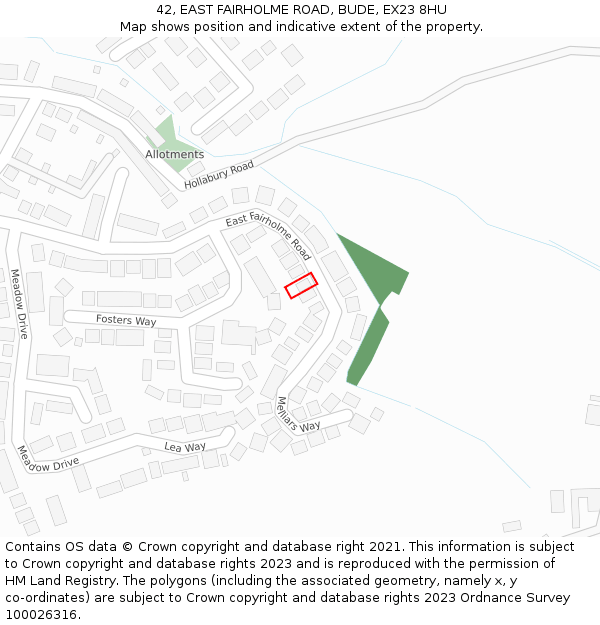 42, EAST FAIRHOLME ROAD, BUDE, EX23 8HU: Location map and indicative extent of plot