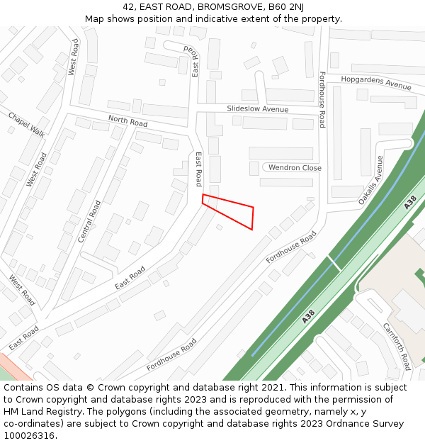 42, EAST ROAD, BROMSGROVE, B60 2NJ: Location map and indicative extent of plot